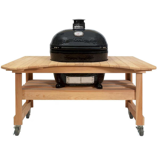 Primo Oval XL 400 Ceramic Kamado Grill On Curved Cypress Table With Stainless Steel Grates