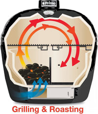 Primo Oval XL 400 Ceramic Kamado Grill On Curved Cypress Table With Stainless Steel Grates