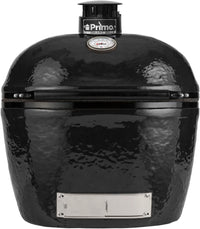 Primo Oval XL 400 Ceramic Kamado Grill On Curved Cypress Table With Stainless Steel Grates