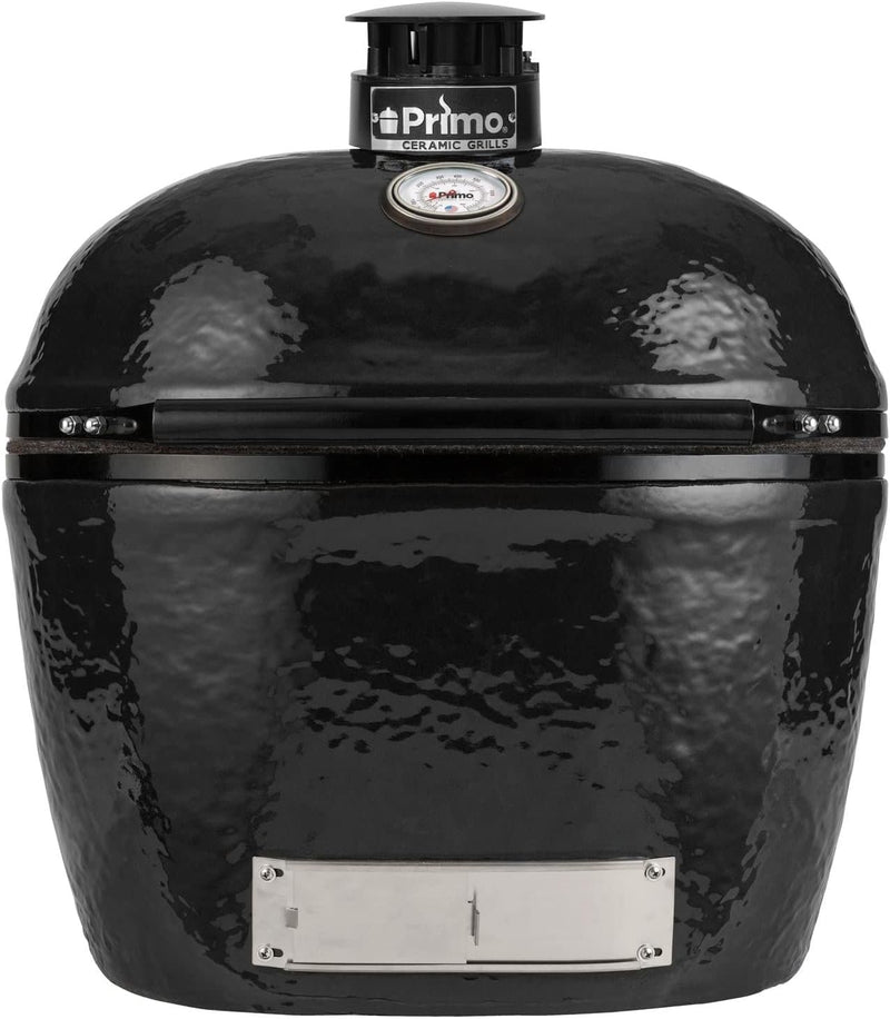 Primo Oval XL 400 Ceramic Kamado Grill On Curved Cypress Table With Stainless Steel Grates