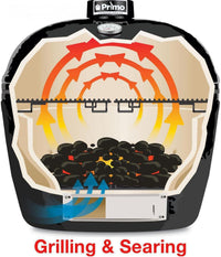 Primo Oval XL 400 Ceramic Kamado Grill On Curved Cypress Table With Stainless Steel Grates
