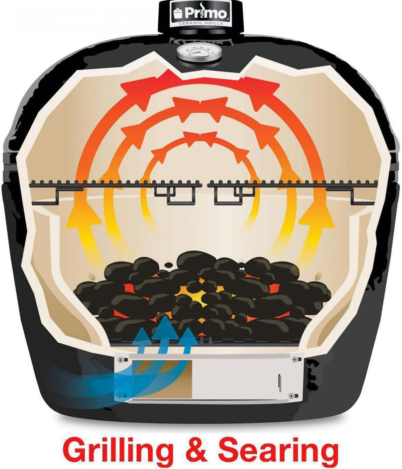 Primo Oval XL 400 Ceramic Kamado Grill On Curved Cypress Table With Stainless Steel Grates