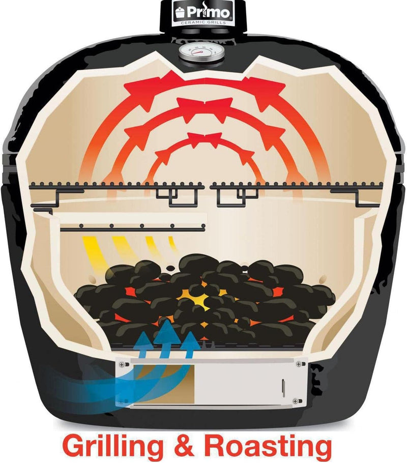 Primo Oval XL 400 Ceramic Kamado Grill On Curved Cypress Table With Stainless Steel Grates