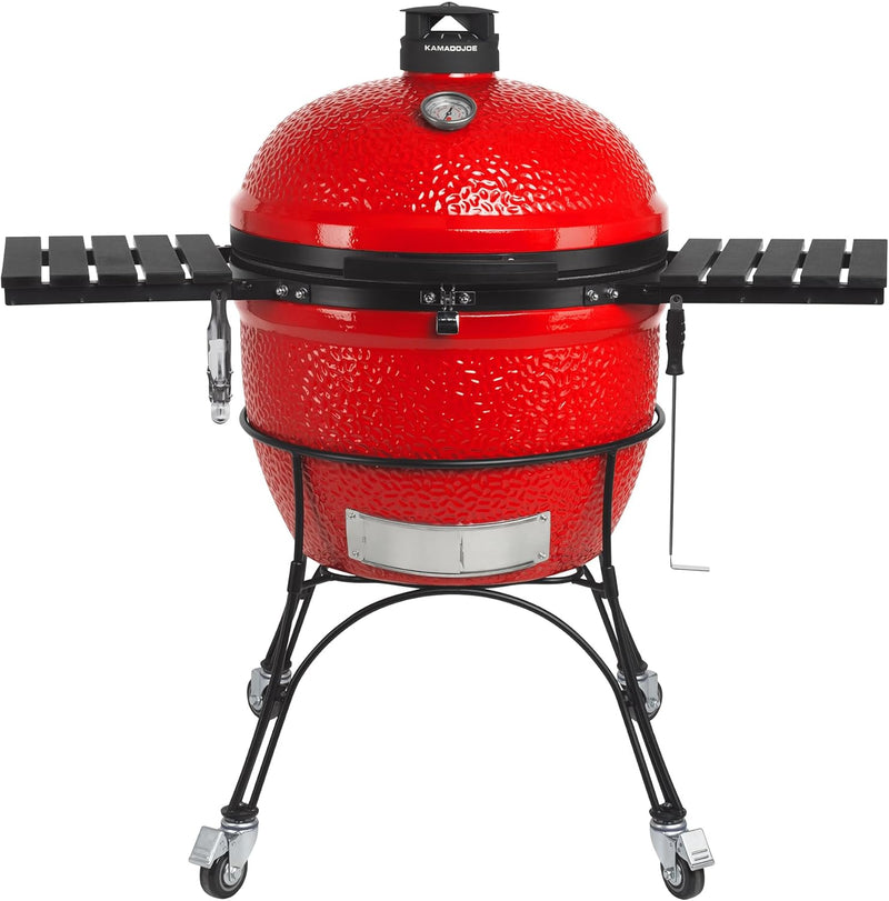 Kamado Joe Big Joe Series III 24-inch Ceramic Charcoal Grill and Smoker with Premium Cart, SloRoller Insert and 450 Cooking Square Inches in Red, Model KJ15041021