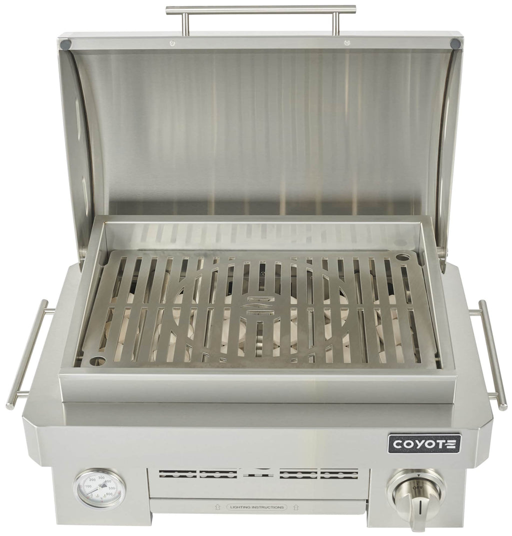 Coyote Portable Propane Grill – lid open