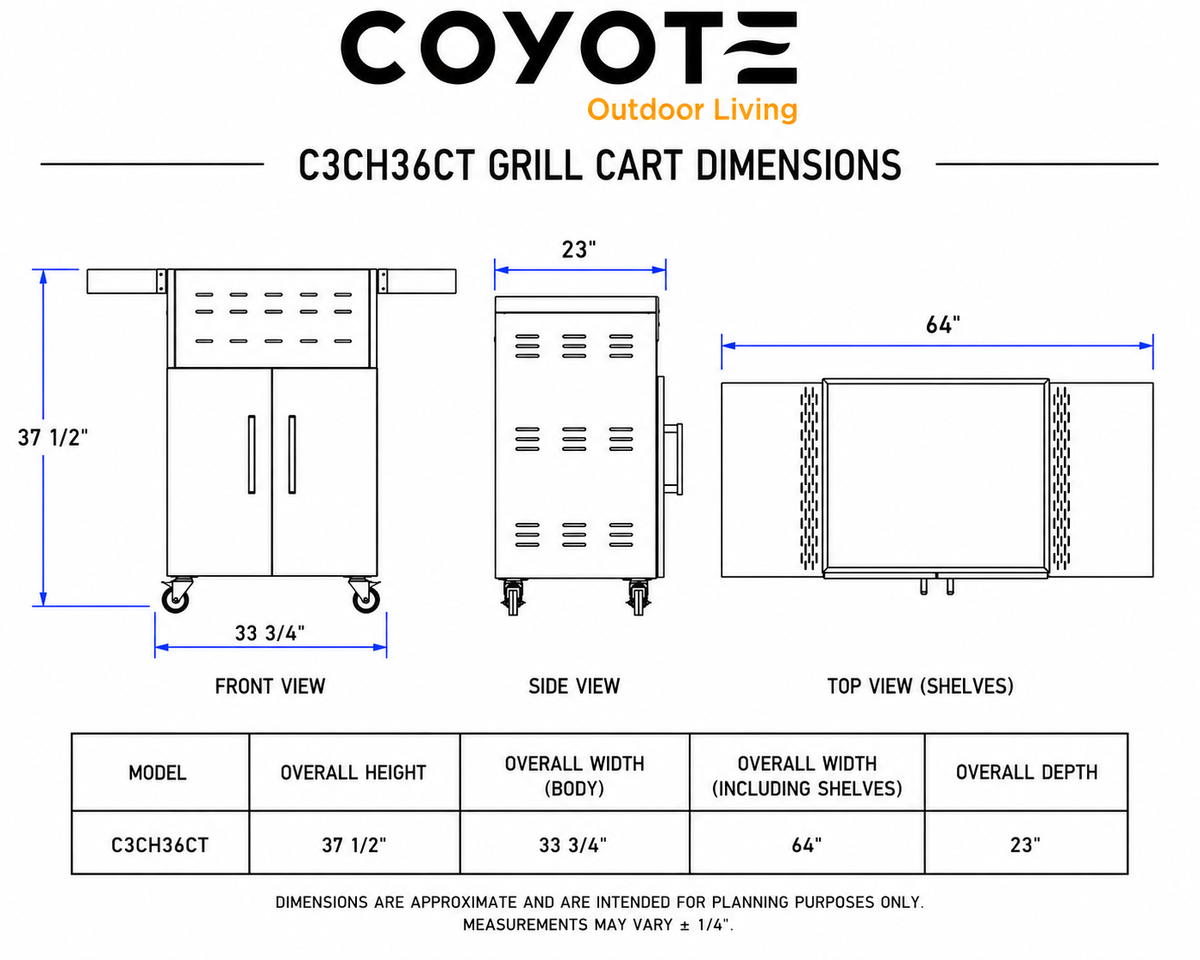 Coyote Cart for 36" Charcoal Grill – dimensions